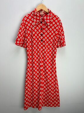 Vintage 70s Floral Flower Print Dress Red Blue Girls Size 9 Retro Mod